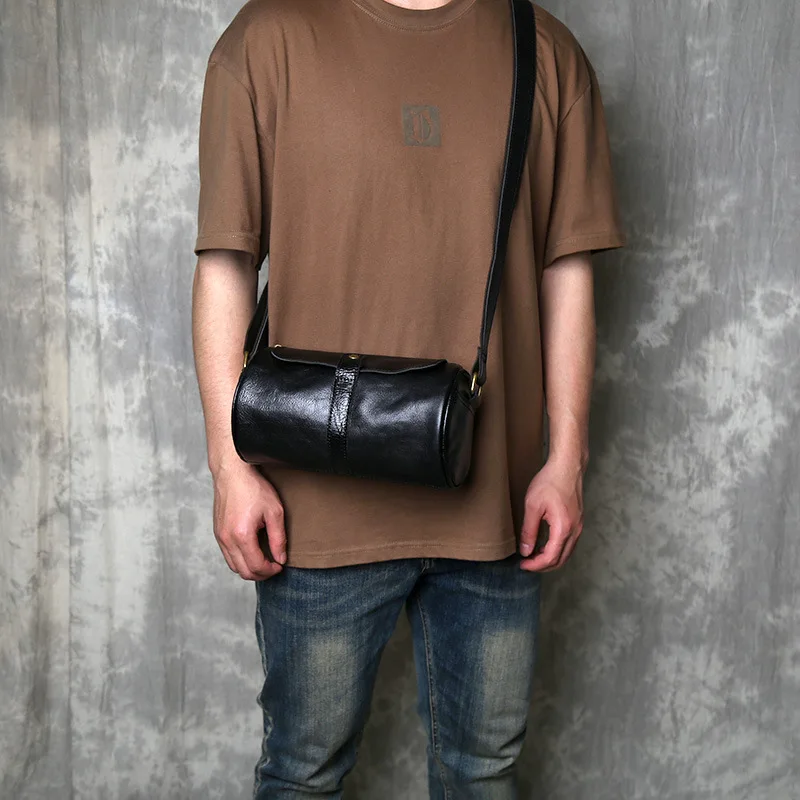Men's Small Genuine Leather Crossbody Bag  Urban Streetwear Top Grain Cowhide Cylinder Shoulder Bag