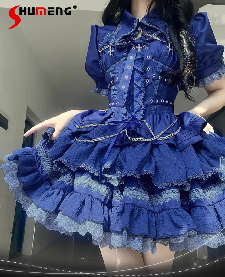 

Lolita Style JSK Dress Blue Gothic Bow Slim Spaghetti Strap Pettiskirt Sweet Girl Women's Mini Dresses + Waistcoat 2-piece Set