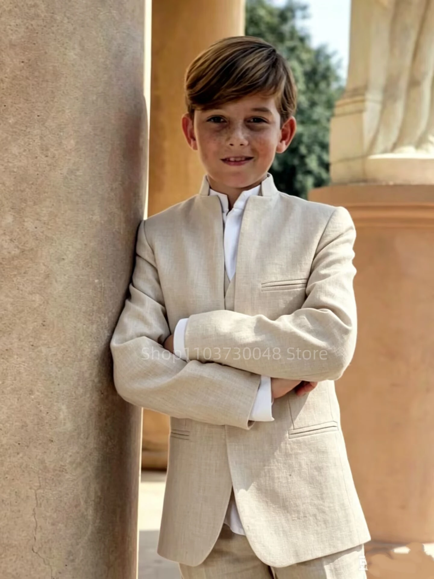 Blue/Beige Boy Linen Suit Set 3 Pieces Jacket Vest Pants Outdoor Activities Handsome Comfortable Kids Tuxedo Summer Wedding Wear