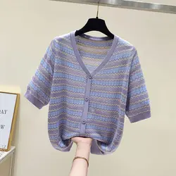 Women Clothing Chic Patchwork Hollow Out Short Sleeve T-shirts Summer Fashion Button Knit Top Tee Office Lady Loose Pullovers