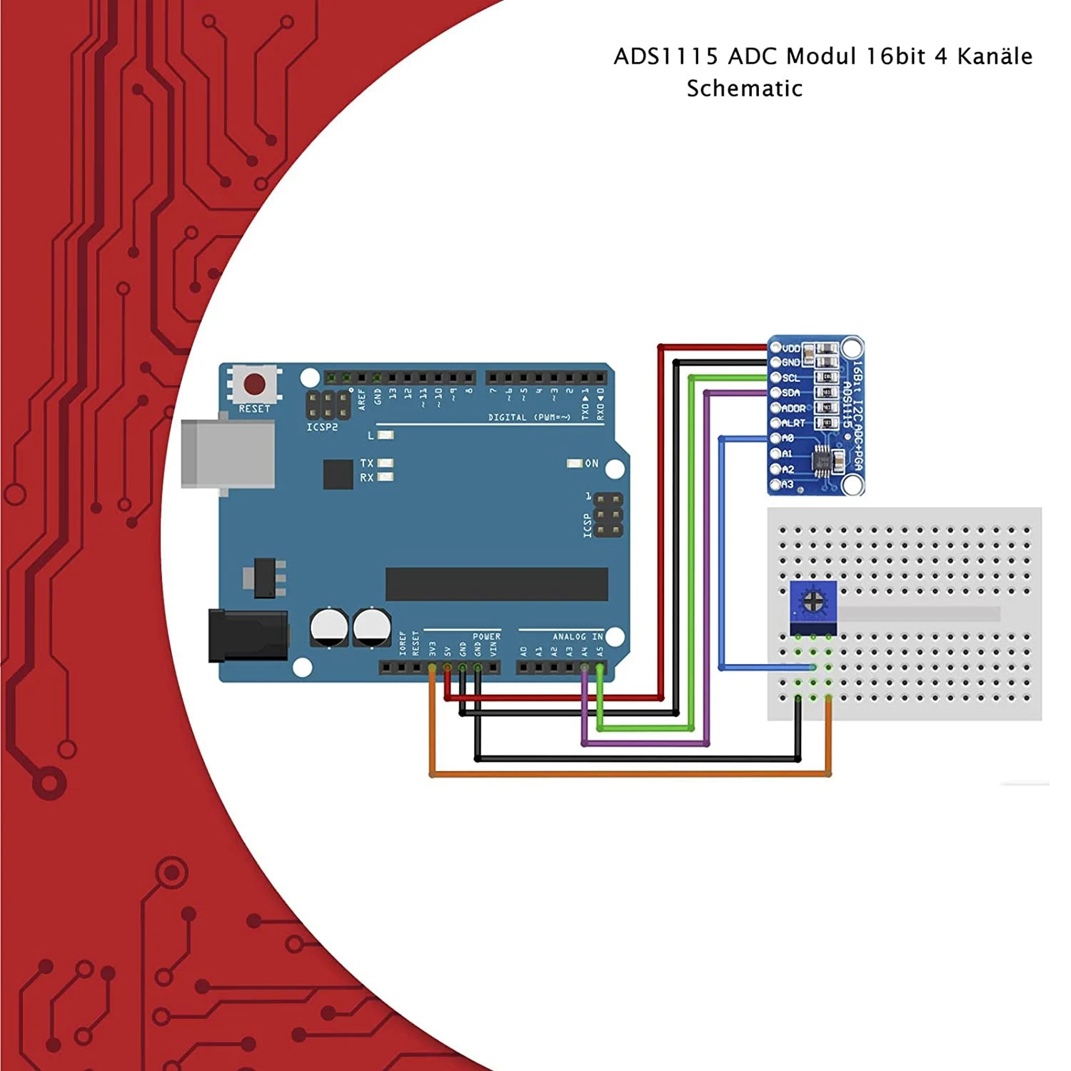 ADS1115 ADC Módulo para Arduino e Raspberry Pi, 16Bit, 4 canais, 3 x