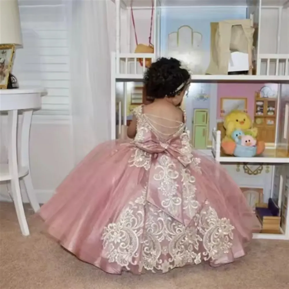 

Customized Toddler Pageant Dress Appliques Beaded Sleeveless Flower Girl Wedding Dress Kids Princess Birthday Party Dress
