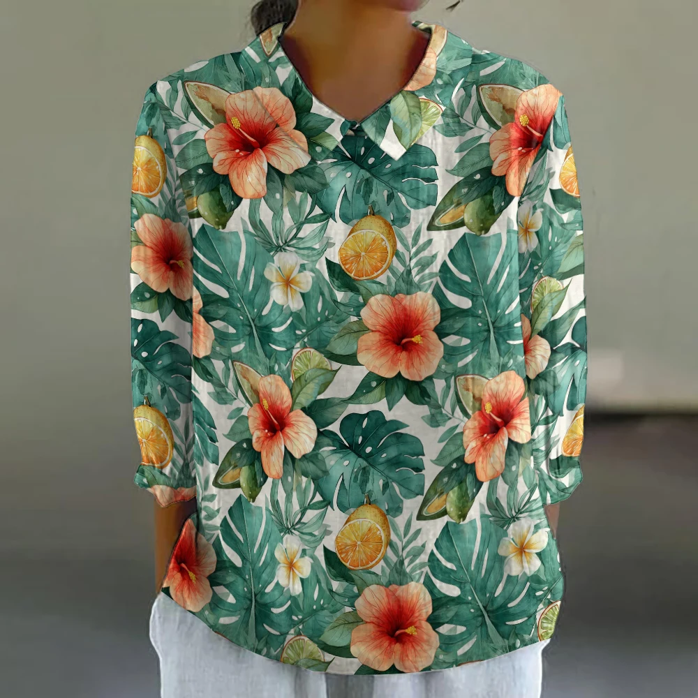 

Women’s Tropical Floral Shirt 3/4 Sleeve Collared Blouse with Hibiscus & Lemon Print Summer Casual Top Classic ​Hawaiian Shirts