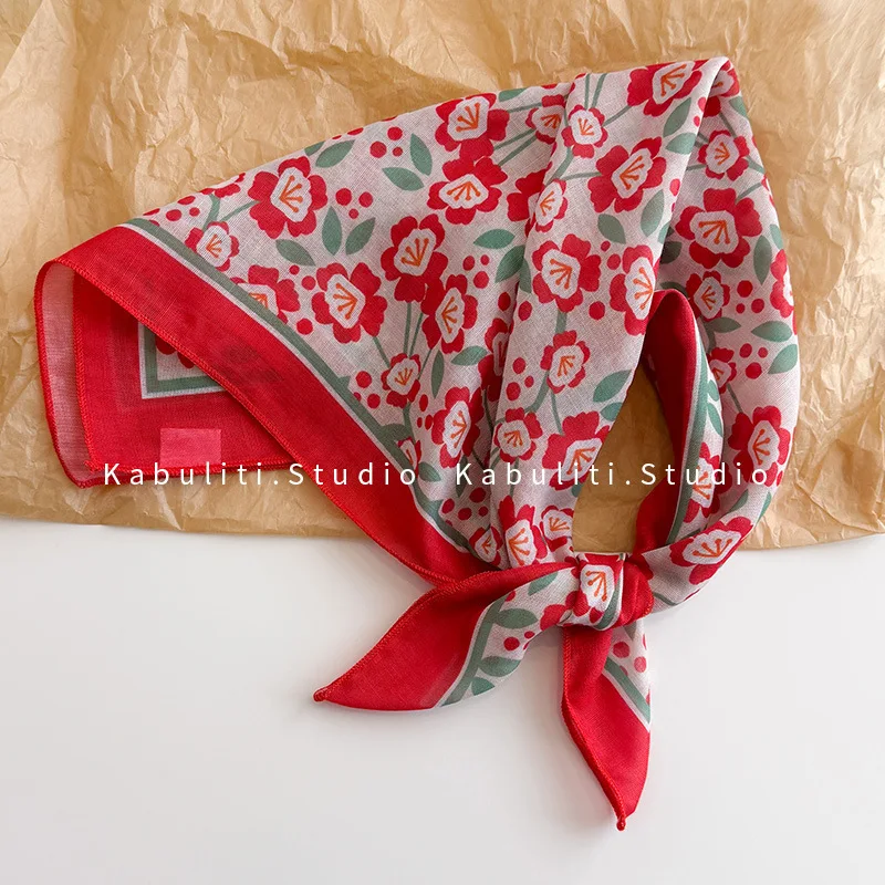 Scarf Wrap Cotton Linen Korean Sweet Floral Print Cherry Blossom Daisy Head Cover Sun Protection Decorative for Women