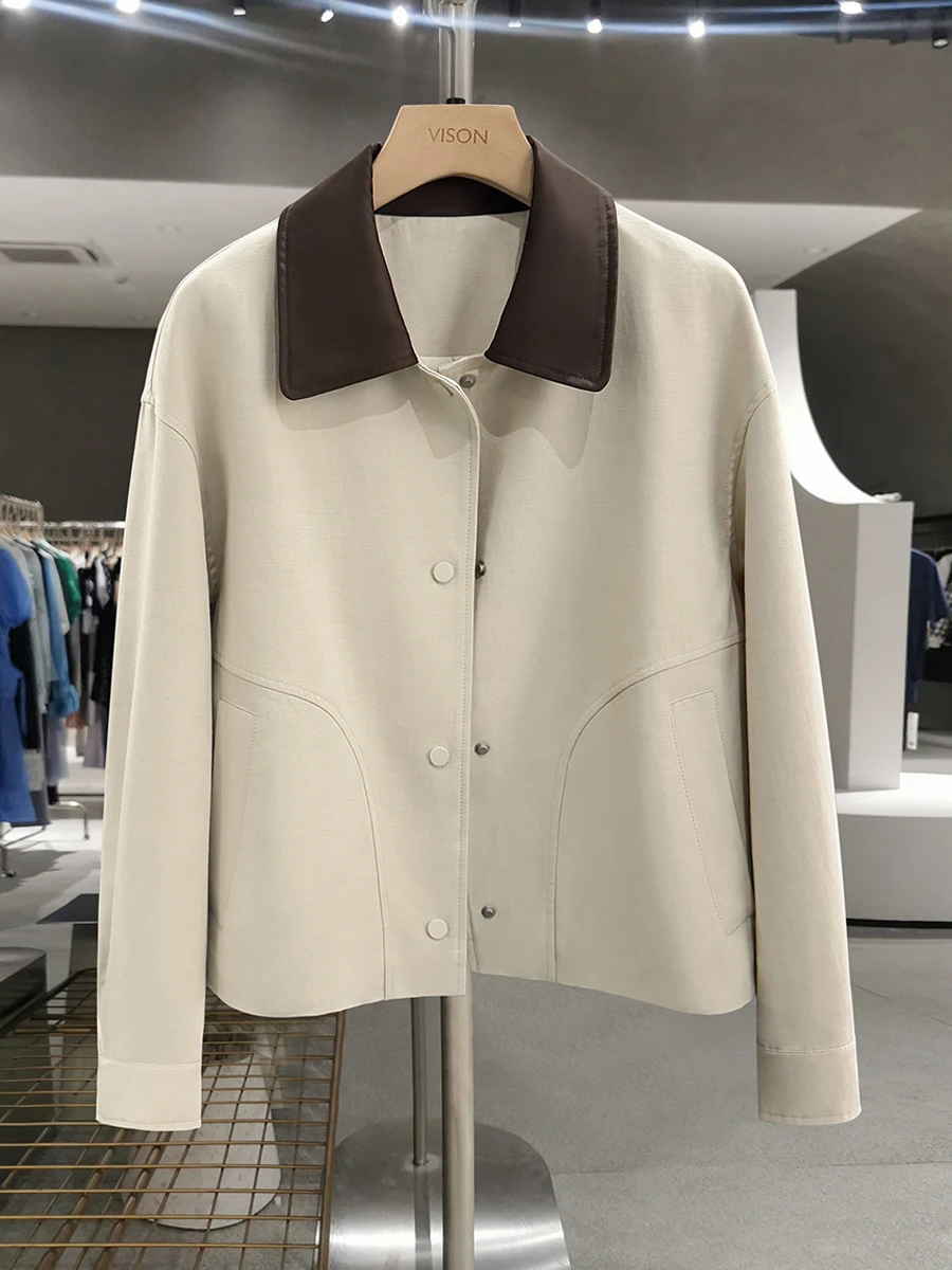 

Ele College Sle ort Jaet Women's Coat Beige Spring Faion 2025 New Arrival Autumn Top Straight Cut Long Sve