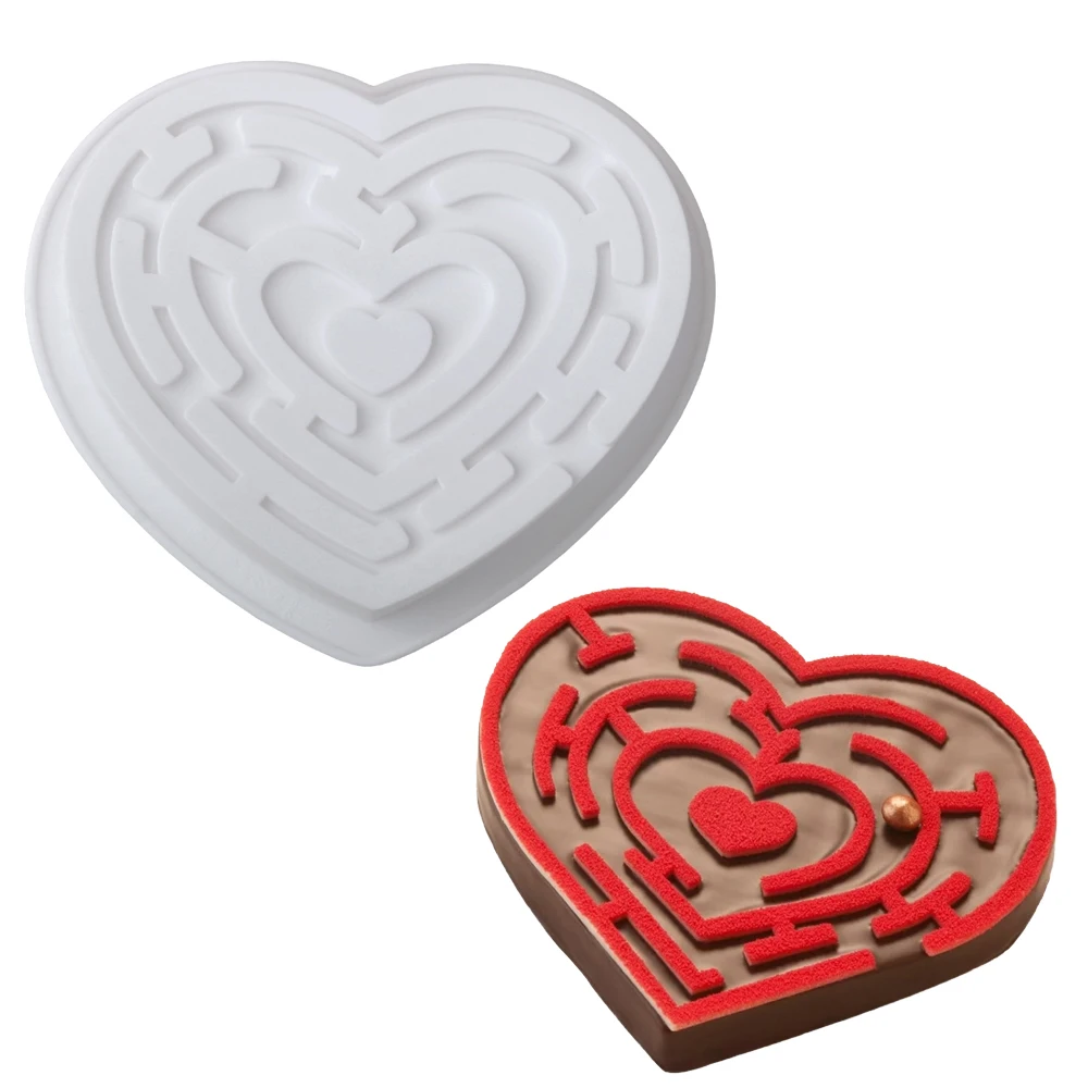 Valentinstag Einzellabyrinth Herz Mousse Kuchen Silikonform Herzförmige Schokoladen-Dessertform Französisches Gebäck Backform