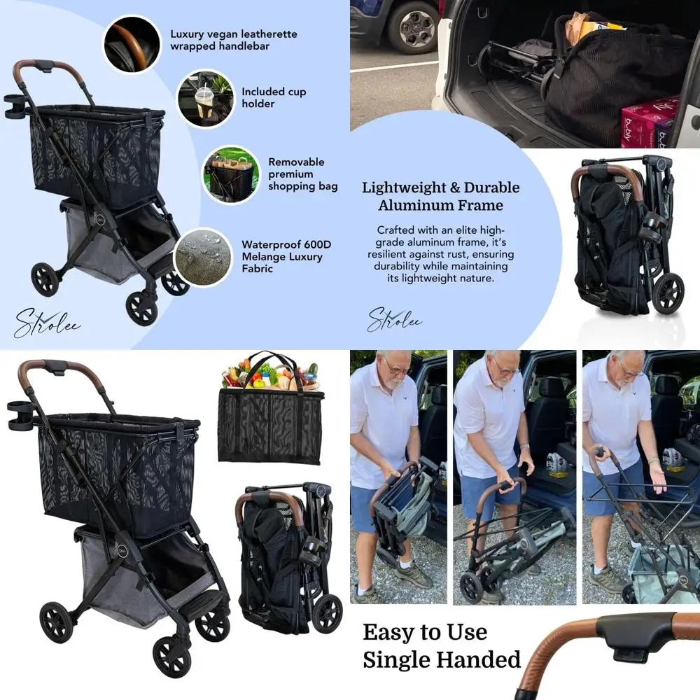 

Luxury Foldable Shopping Cart with Premium Wheels - Lightweight Aluminum, Removable Bag & Lower Storage, 75 lbs Capacity