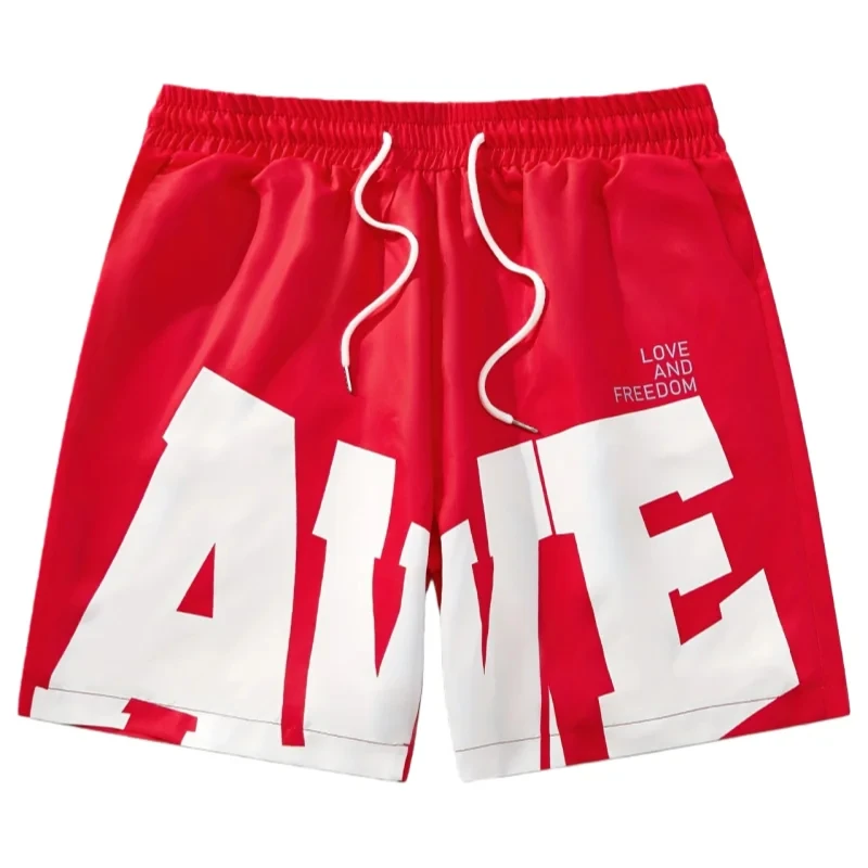 

Летние мужские быстросохнущие шорты с буквенным принтом AWE Love Freedom, дышащие, мягкие, удобные, стильные, свободные, большие, пляжные, повседневные, мото