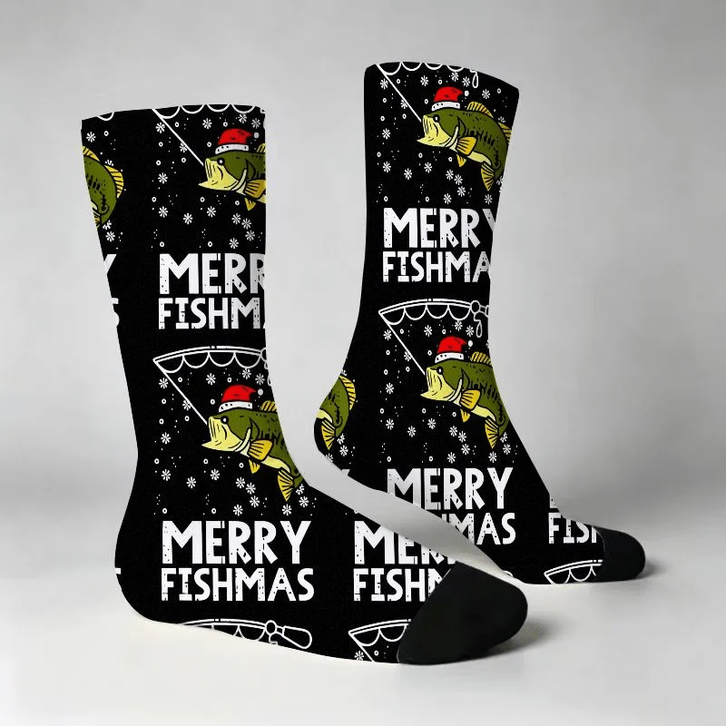 Festive Black Christmas Socks for Men And Women Featuring Playful 'Merry Fishmas' Pun Design with Fish in Santa Hats