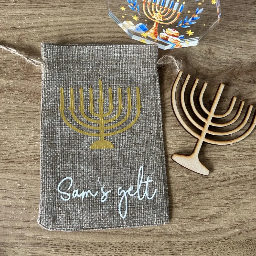 20pcs Custom Hanukkah/Chanukah gelt bag|money pouch for Chanukah coins|chocolate coin drawstring hessian pouch.Menorah gelt bag