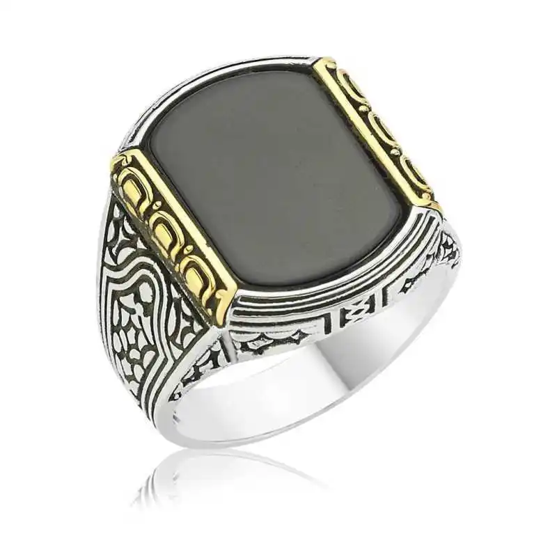 Silver Black Stone Men's Ring - 925 Sterling Men's Jewelry Wedding Birthday Gift - Box - Men - Fashion - Botiva - Size - Turkish - Patterned Embroidery