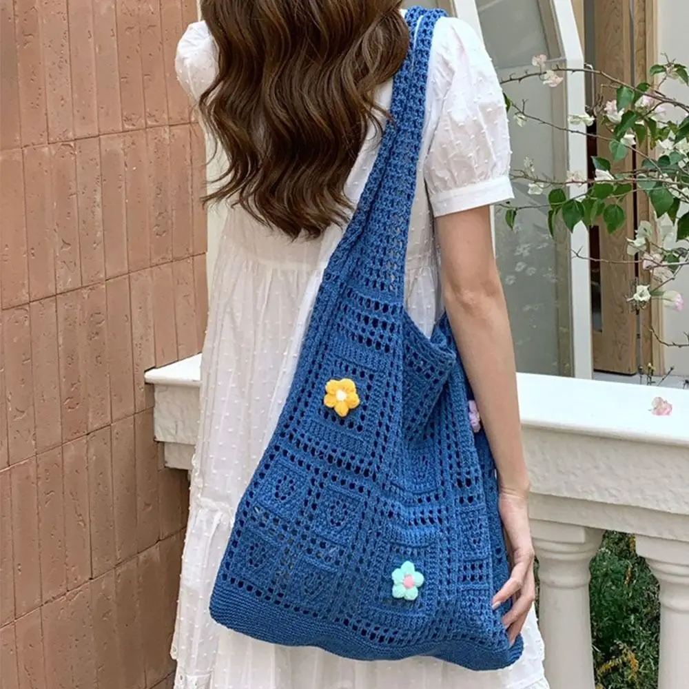 

Simple Hollow Knitted Tote Bag Flower Large Capacity Hollow Shoulder Bag Breathable Handbag Woven Beach Bag Female