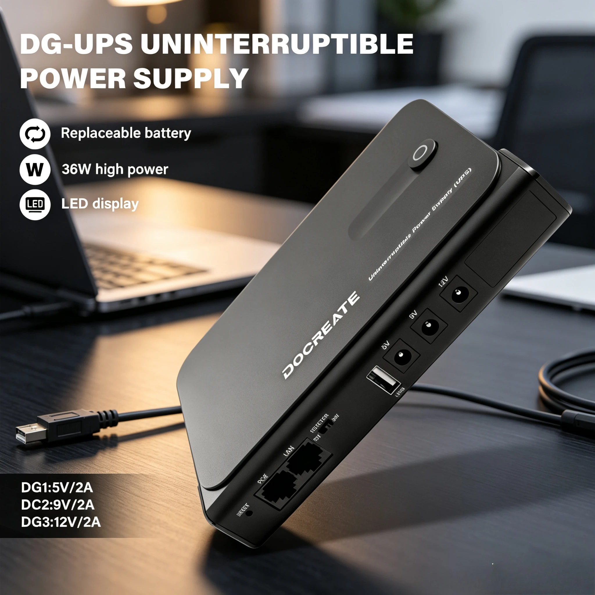 5V-24V Output 36W DC1036L UPS Uninterruptible Power Supply 18650 Replaceable Battery New EU Plug for Router NAS Modem & Network