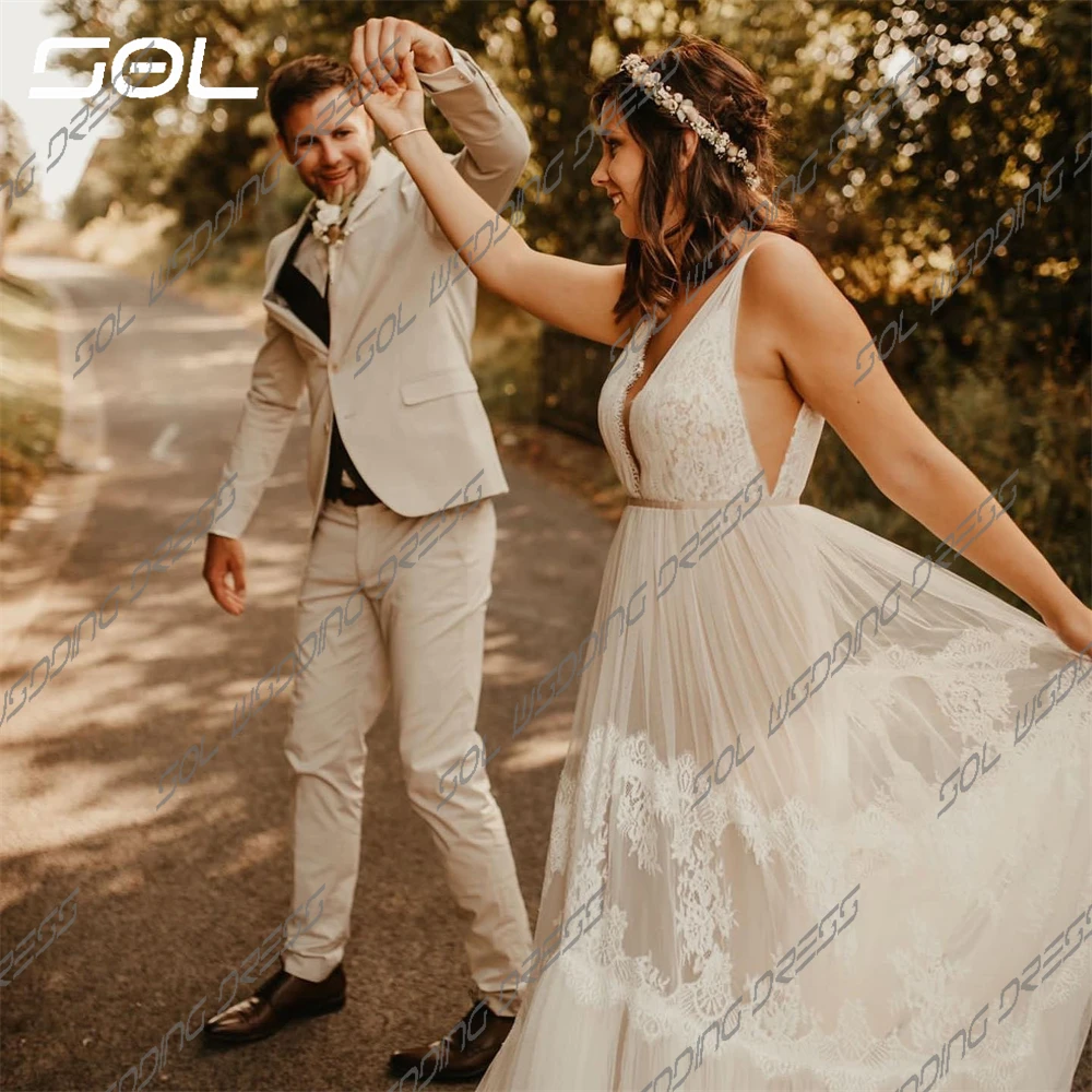 Vestido de casamento com decote em V, apliques de renda 3D, tiras elegantes de espaguete, vestido de noiva sem costas, túnica sexy