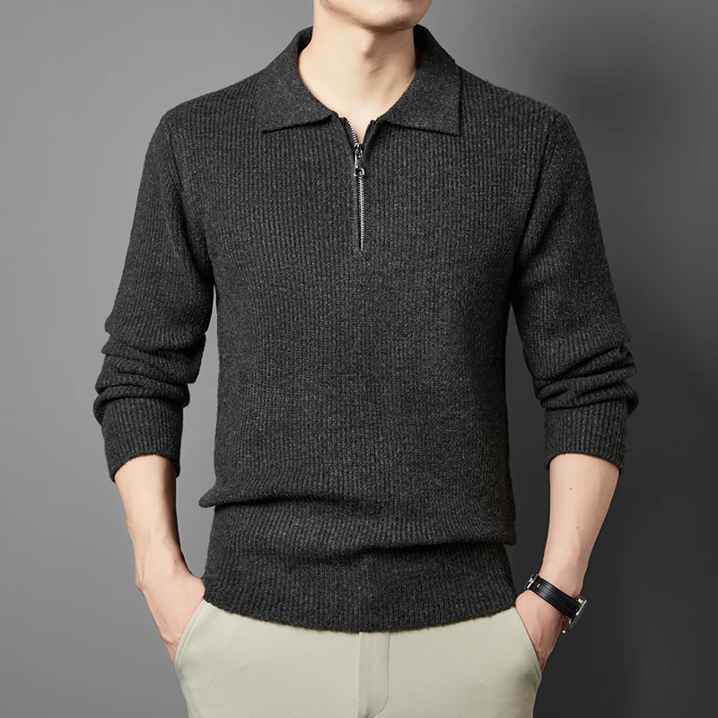 Suéter de punto de media cremallera con solapa de lujo de alta gama para hombre Otoño Invierno nuevo jersey Simple suave suéter para ir al trabajo de negocios ropa para hombre