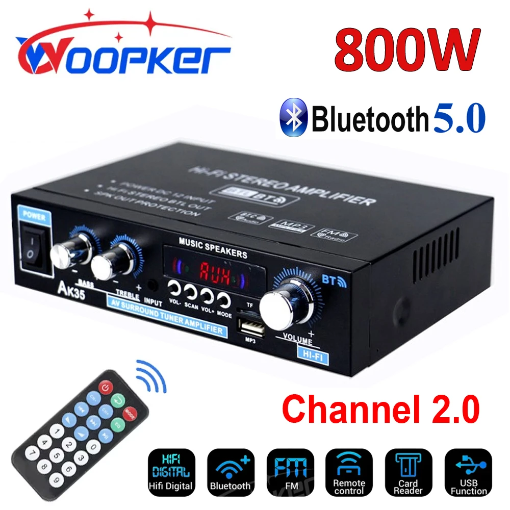 WOOPKER AK35 800W Sound Amplifier Channel 2.0 Bluetooth 5.0 HIFI Digital Amplifiers 100V-240V FM USB Remote Control for Home Car 