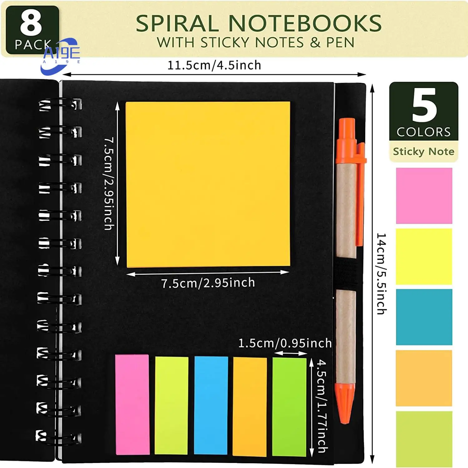 

A19E-Pack Of 8 Lined Spiral Notebook Kraft Cover Notepad Notepad With Pen In Stand Page Markers Sticky Notes Color Index Tabs