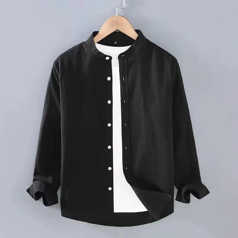 Camisa de lino para hombre, camisa de manga larga con cuello levantado, suave, cómoda, Simple, Color sólido, blanco y negro, primavera y verano, 2024