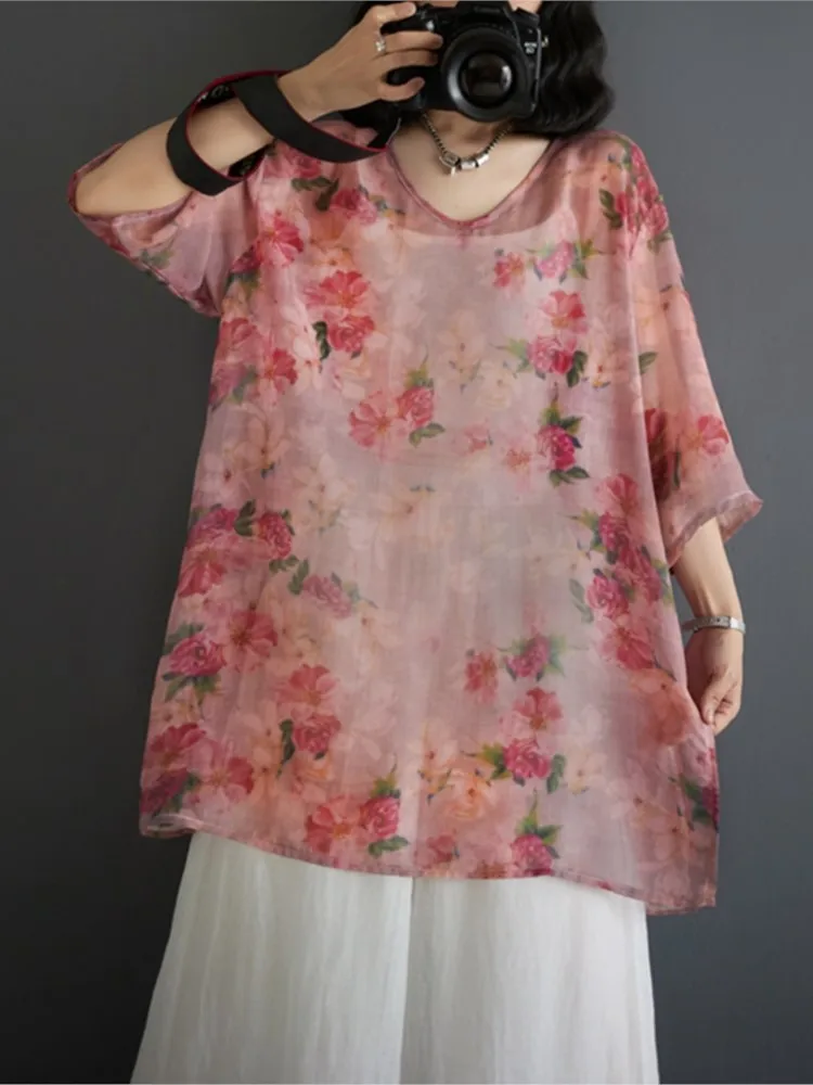 Blusas com estampa floral extragrande para mulheres, conjunto de 2 peças, cintura alta, calças de pernas largas, florais, rachadas, moda feminina, verão