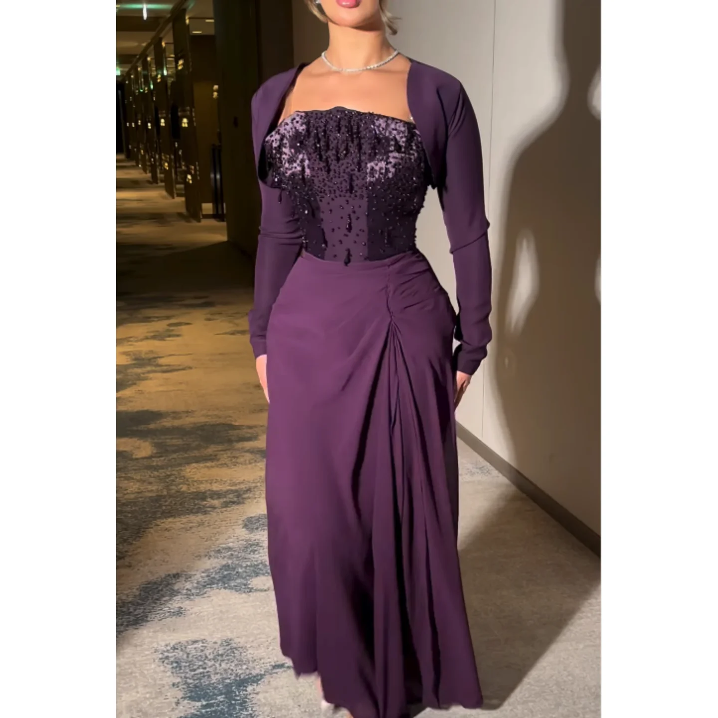 

Purple Sequins Prom Dress Beaded Pleated Mermaid Evening Dresses Long Sleeves فساتين سهرة Customized Saudi Party Dress