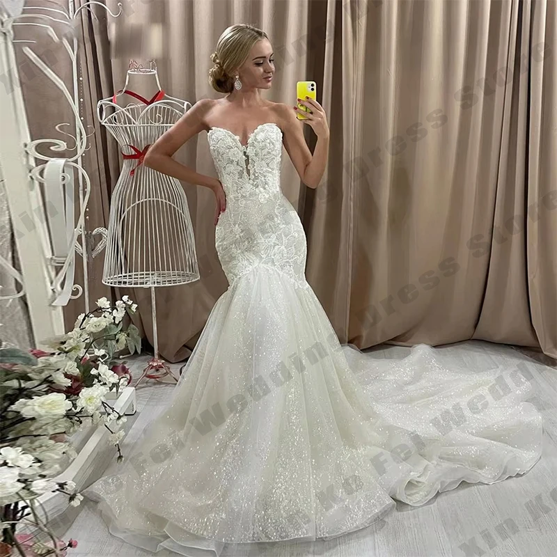 Trendy Sweetheart Wedding Dress For Woman Bridal Sleeveless Mermaid Court Train Appliques Bride Gown Vestido De Novia Customized