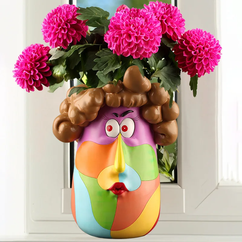 Nordic Colorful Cartoon Curly Hair Girl Flower Pot Garden Resin Art Succulent Flower Pot Home Tabletop Decoration