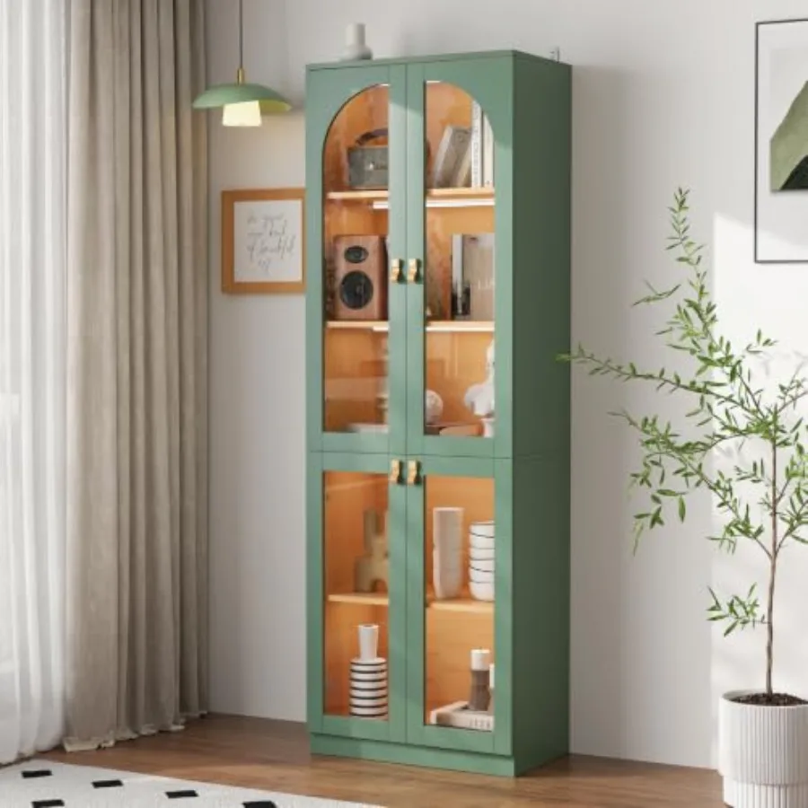 Living room office curio cabinet with tempered glass door, 71 H tall display cabinet in black, 5-tier pantry storage bookcase w