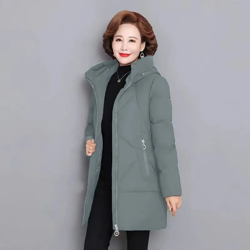 Cotton Padded Jacket Women\'s Parka 2022 New Winter Coats Long Sleeve Zipper Hooded Casual Middle-aged Clothes Mid-Length Outwear