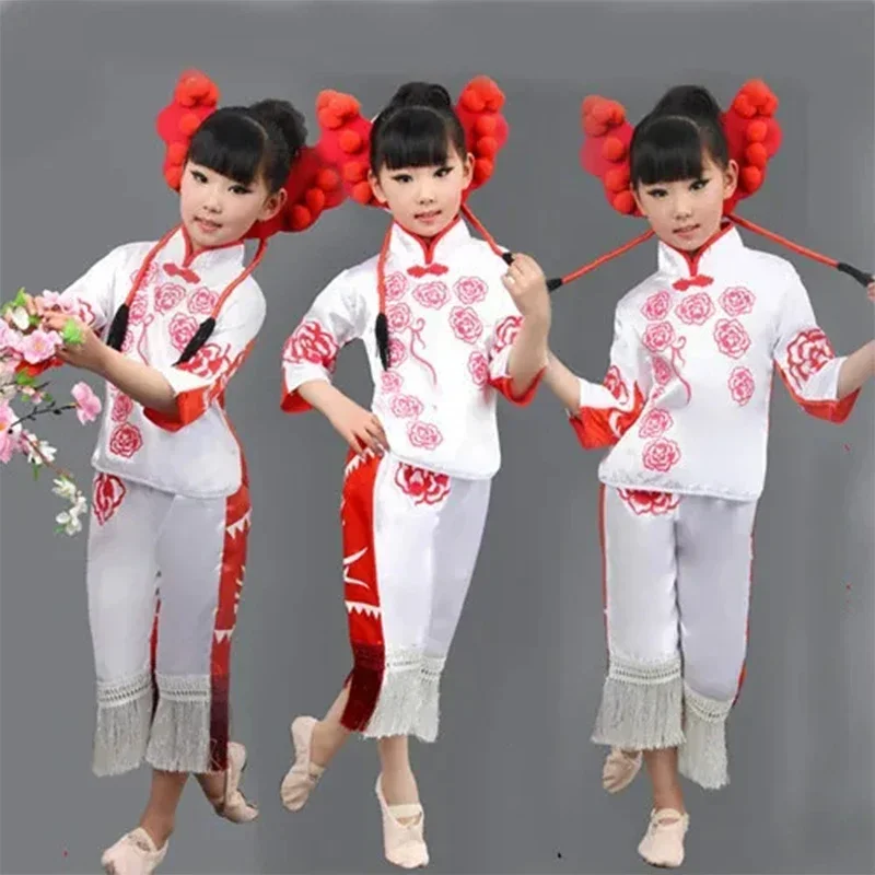 Chinese New Year National Dance Costume  Girl Yangko Dancer Wear Child Chinese Folk Costume Paper-cuts Fan Dance Costume 89