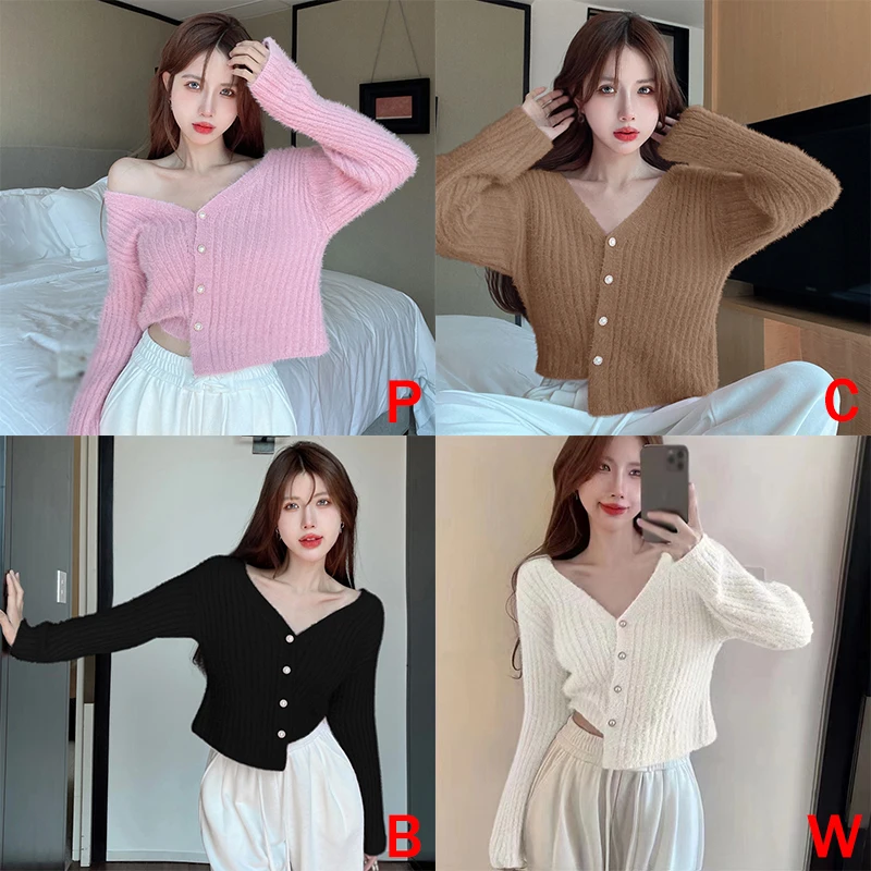 Knitted V-Neck Cardigan For Women Long Sleeves Short Style Sweater Solid Colour Pearl Buckle Plush Top Comfortable Autumn Winter