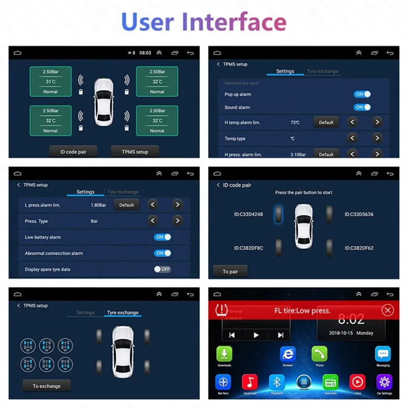 USB Android TPMS Tire Pressure Monitoring System Display Alarm System Internal External 4 Sensors For Car Navigation Radio