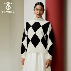 LILYSILK 100% Merino Wool Sweater for Women 2023 Winter Versatile Argyle Preppy Printed Mock Neck Traf Clothing Free Shipping