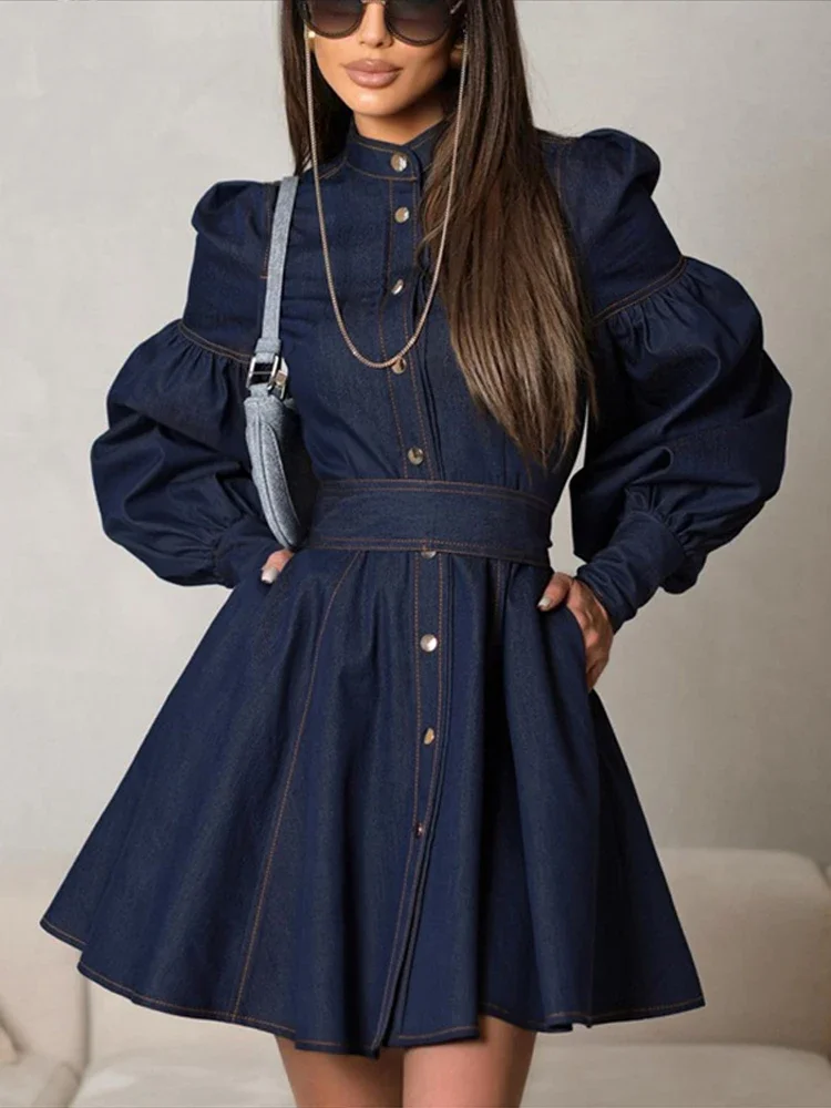 

2025 Spring New Blue Belt Denim Dress Women Stand Collar Long Lantern Sleeve Mini Dresses Vintage High Waist Button Lady Vestido