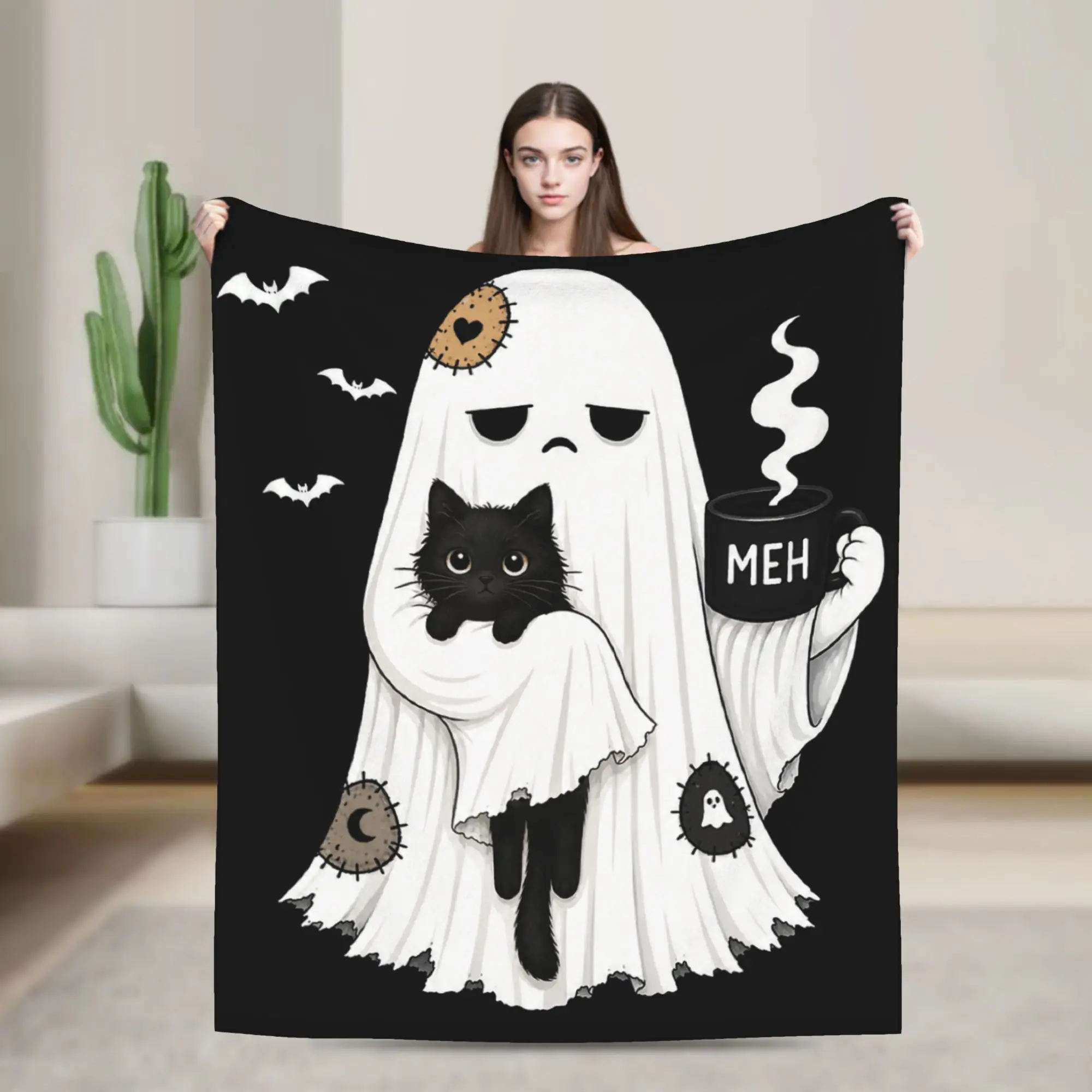 Spooky Ghost Holding Black Cat Coffee Lover Knitted Blankets Funny Halloween Flannel Throw Blanket Airplane Decoration Bedspread