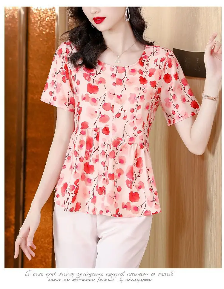 Floral Chiffon Short-sleeved New Skirt Hem Shirt Beautiful Waist and Fashionable Mother Loose Top Belly