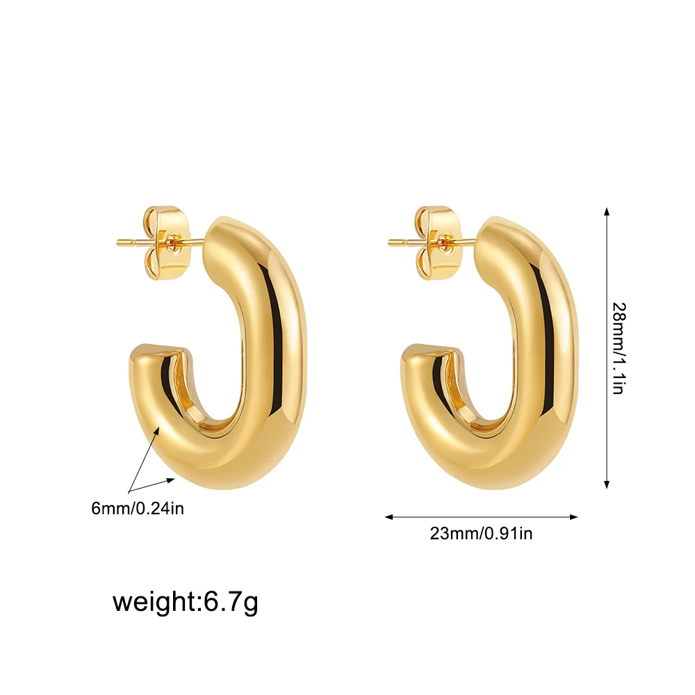 Smooth Gold Plated Stainless Steel Chunky Hoop Earrings for Women Simple C Shape Thick Hoops Female Punk Jewelry Party Gifts