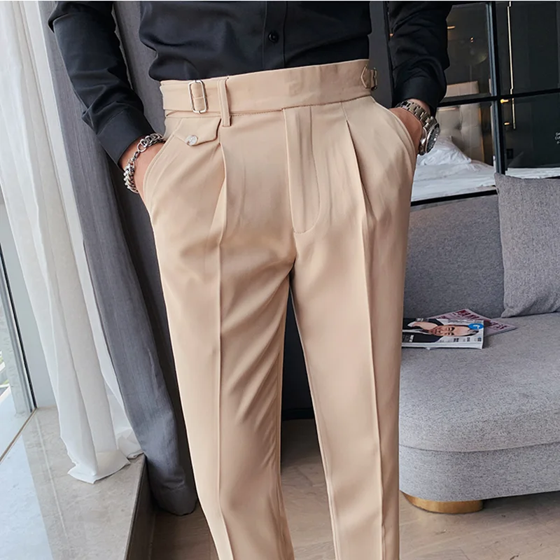 

British Style Autumn New Solid High Waist Trousers Men Clothing Simple Slim Fit Business Office Wedding Suit Pants Hommes 36-29