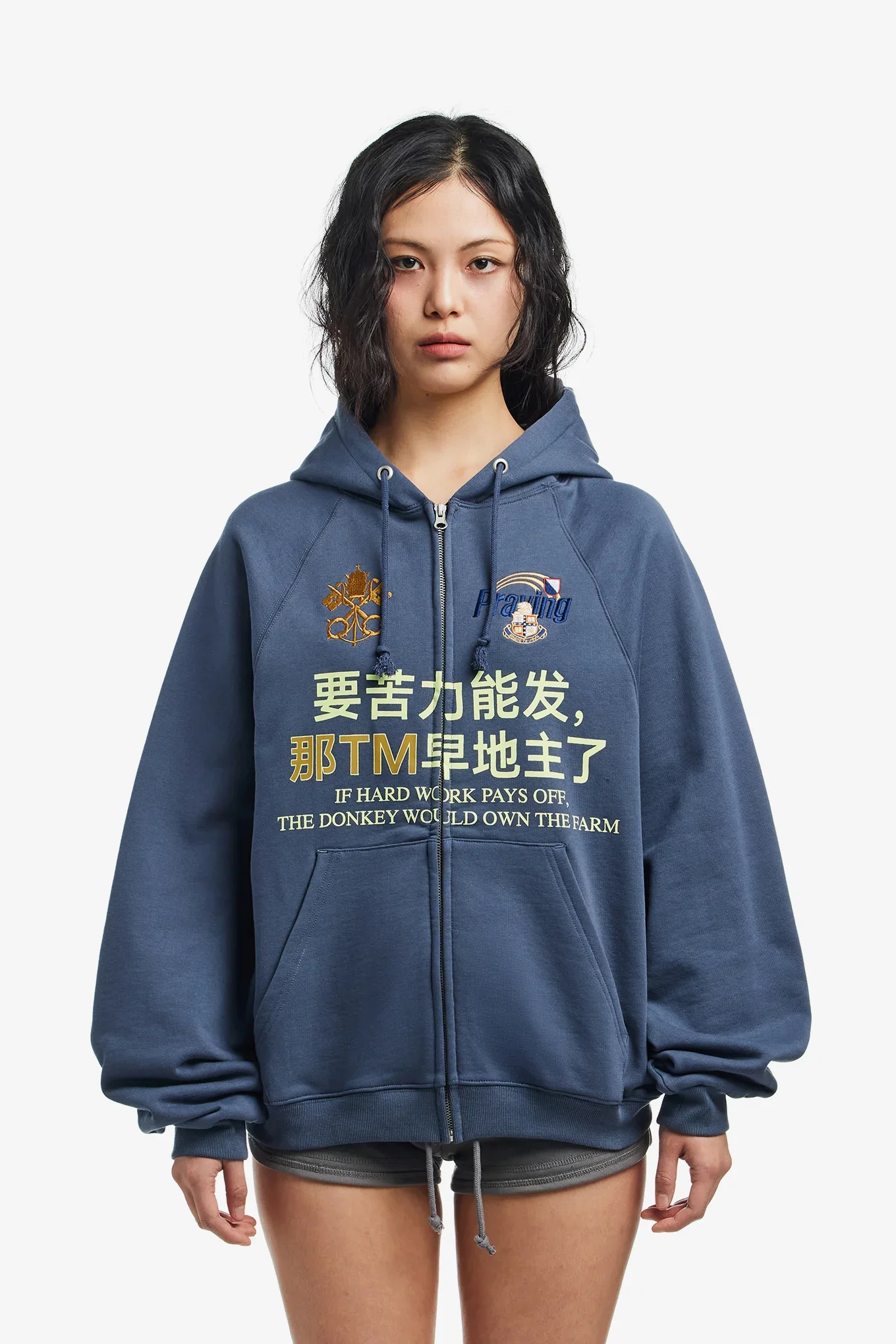 Felpa con cappuccio da donna Y2K con caratteri cinesi, nuova collezione 2026, stile gotico hip hop, ricamata, con zip, top streetwear hip hop europeo e americano