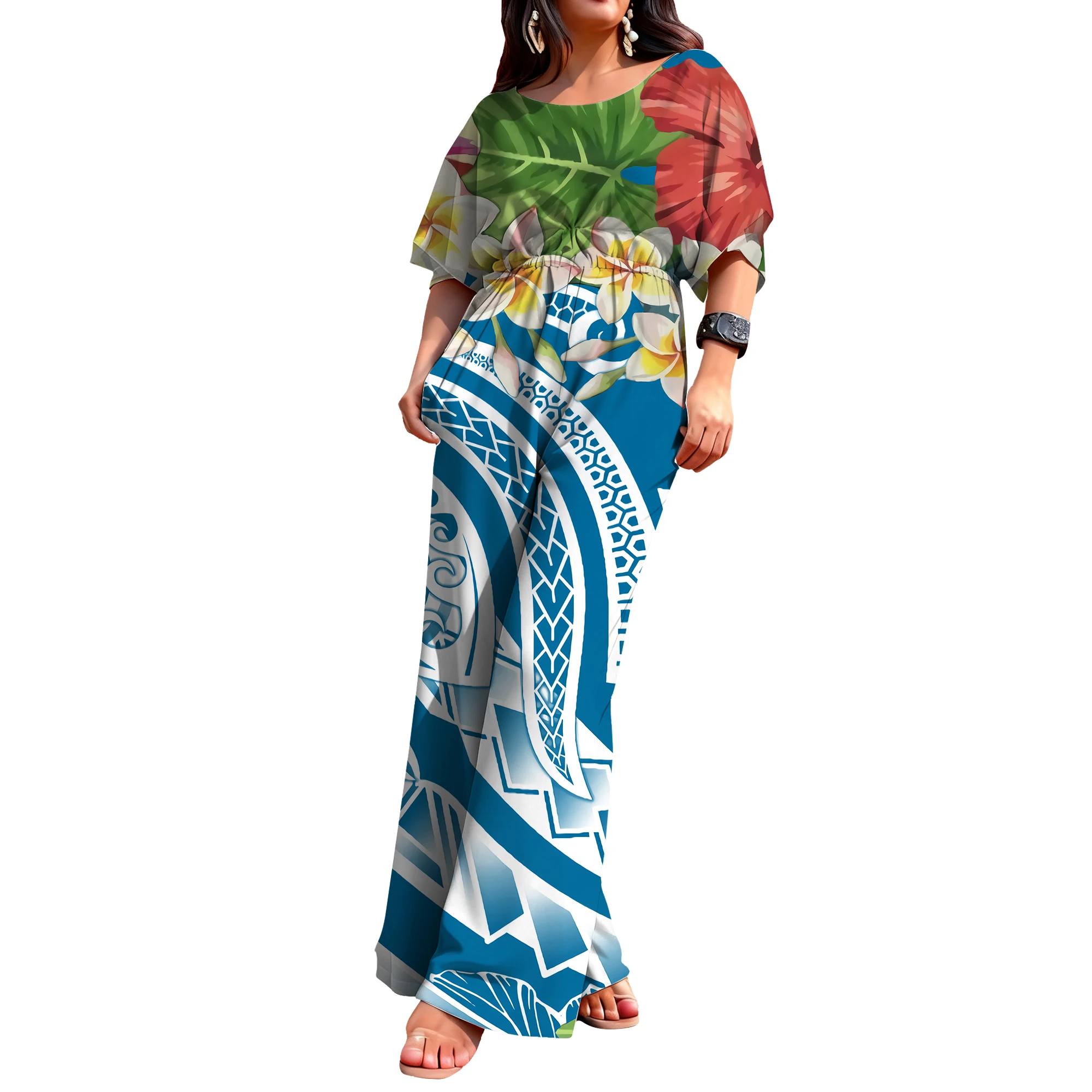 

Comfortable And Loose Custom-Made Polynesian Round-Neck Mid-Sleeve Cinched Waist Jumpsuit Design For Casual Women