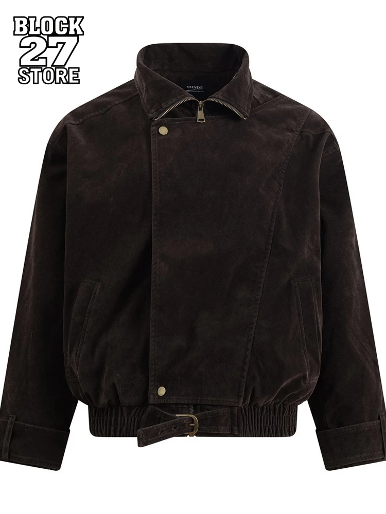 

Куртки для мужчин, уличная американская рабочая одежда, однотонная куртка с воротником-стойкой, асимметричный дизайн на молнии, осенняя модная одежда