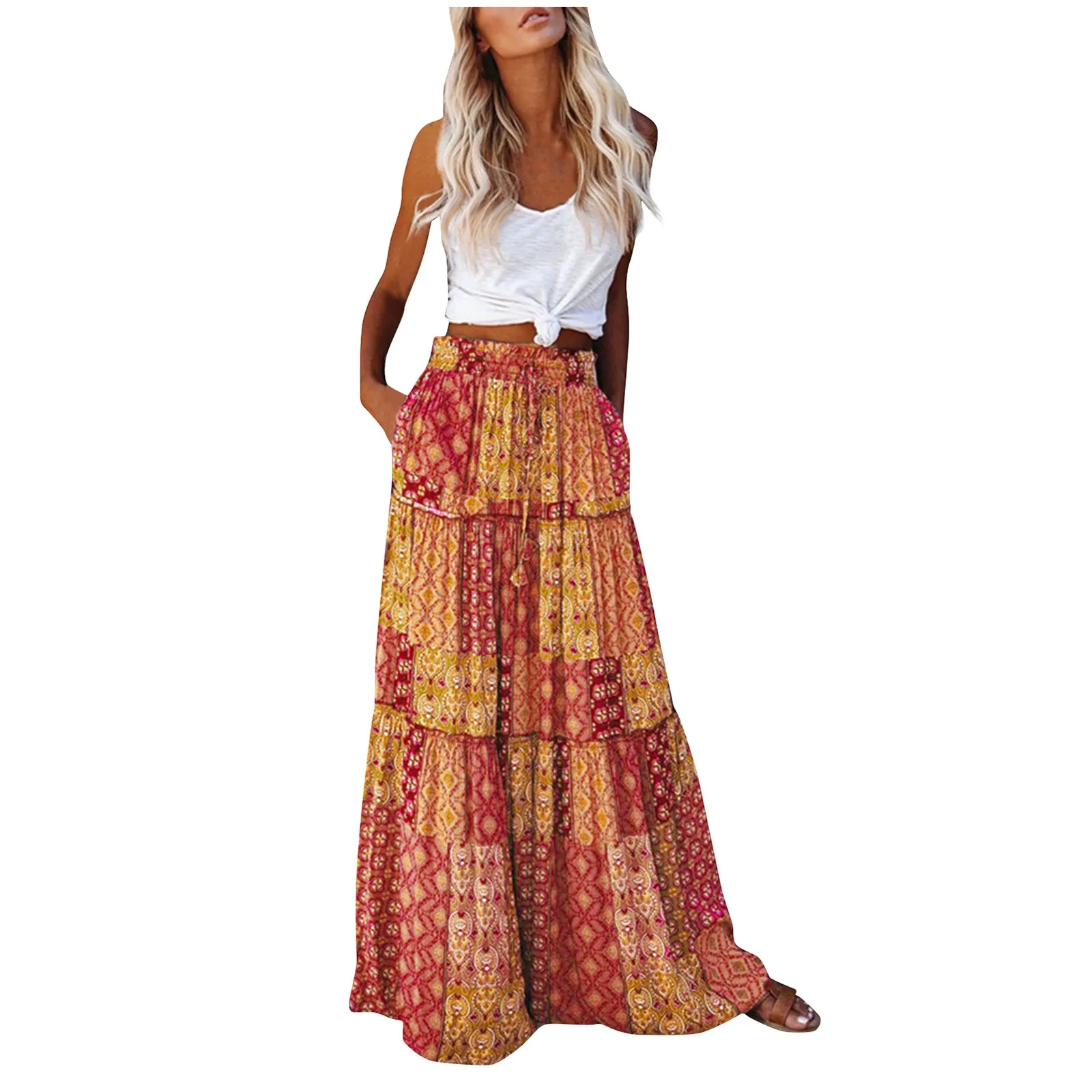 Ladies’ Fashion Bohemian Flower Printing Elastic Waist Pleated Skirt Loose Casual Vintage High Waist Tie A-Line Long Skirt