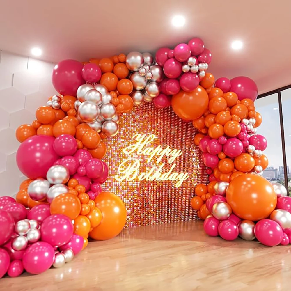 Kit d'arche de ballons orange, rose vif, guirxiété de ballons argentés, décoration de fête préChristophe, révélation du genre, fête d'anniversaire pour enfants, décoration de mariage