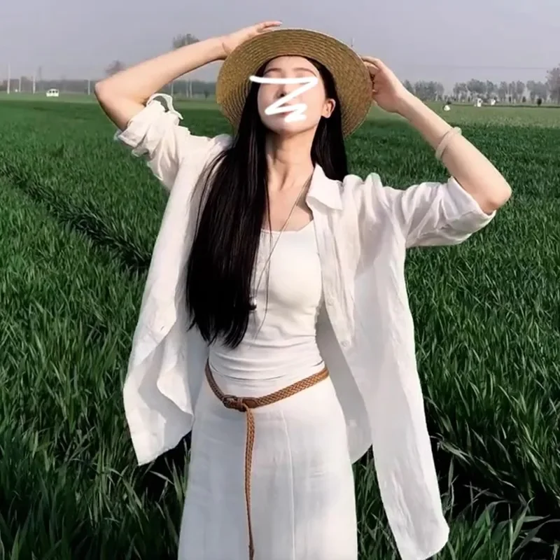 

Новинка 2026, свободная длинная тонкая повседневная удобная корейская белая льняная защита от солнца, женская летняя одежда