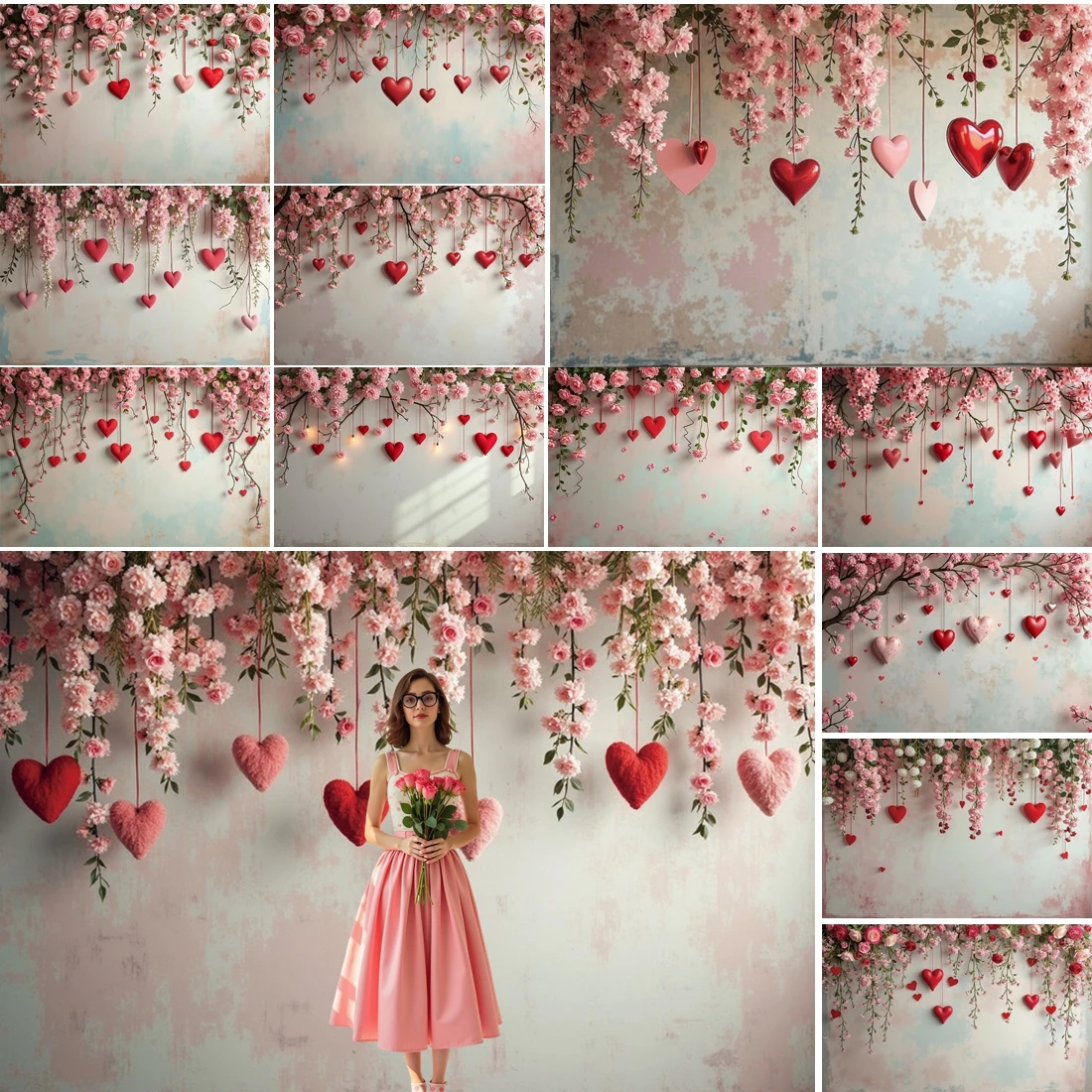 

MOON.QG Valentine's Day Floral Photography Background Distressed Wall Hanging Flower Backdrop Wallpaper Women Portrait Studio