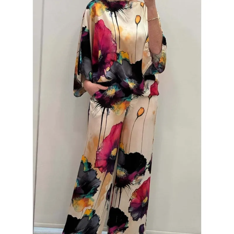 Summer Fashion Printed Satin Two Piece Sets Women Sexy Round Neck 3/4 Sleeved Top + Wide Leg Long Pants Casual Two Piece Set