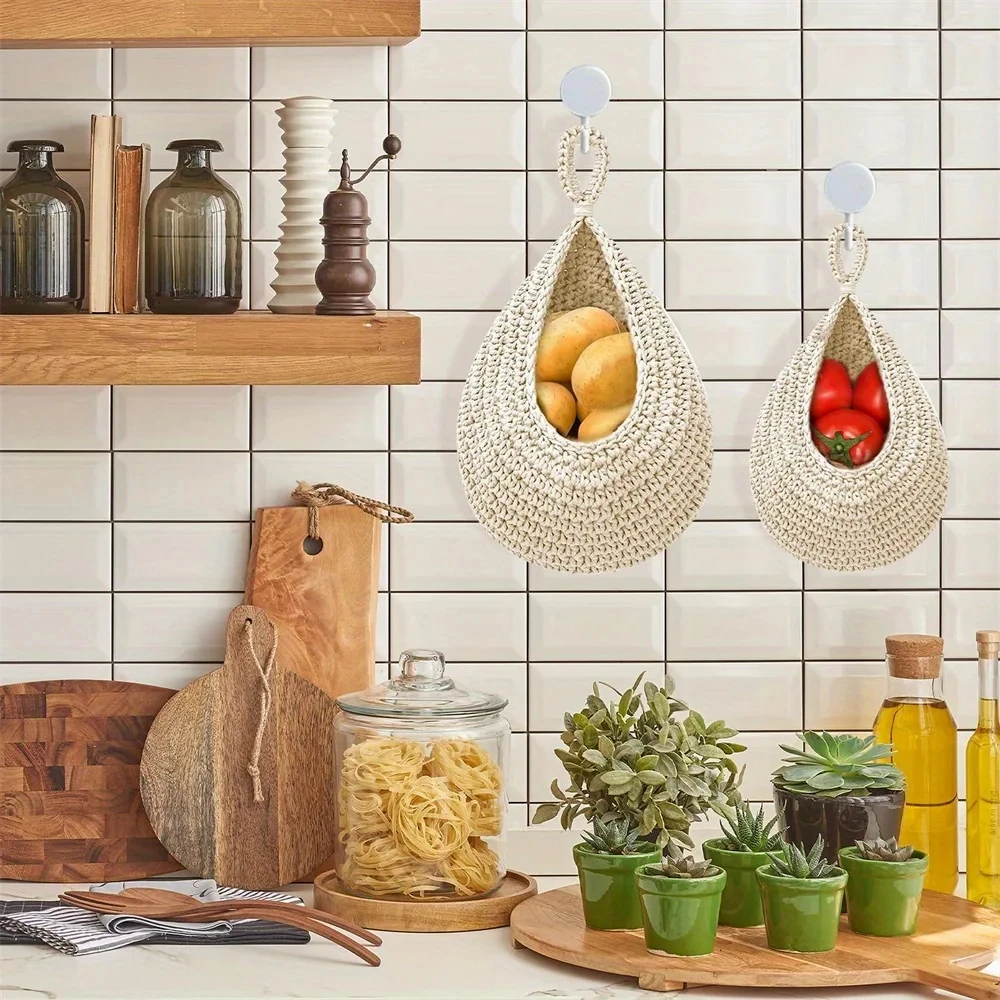 Hanging Fruit Baskets for Kitchen Boho Wall Holder Teardrop Produce Basket for Fruits Vegetable Potato Onion Storage