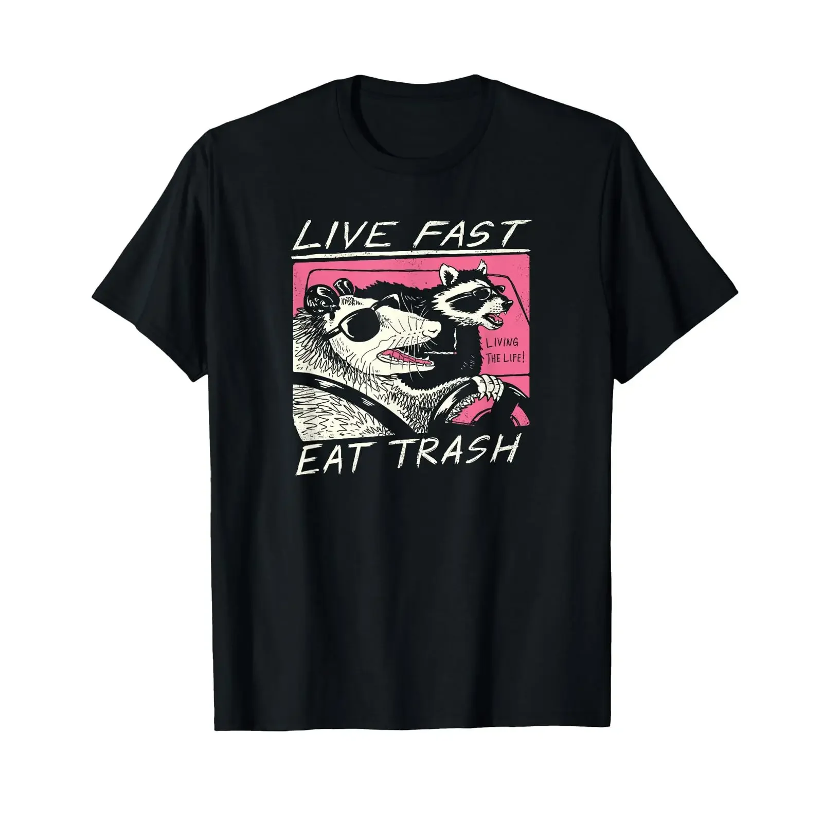 Live Fast Eat Trash Funny Raccoon Opossum Retro T Shirt Vintage Meme Animal Casual  vintage Washed Top For Everyday Wear homme