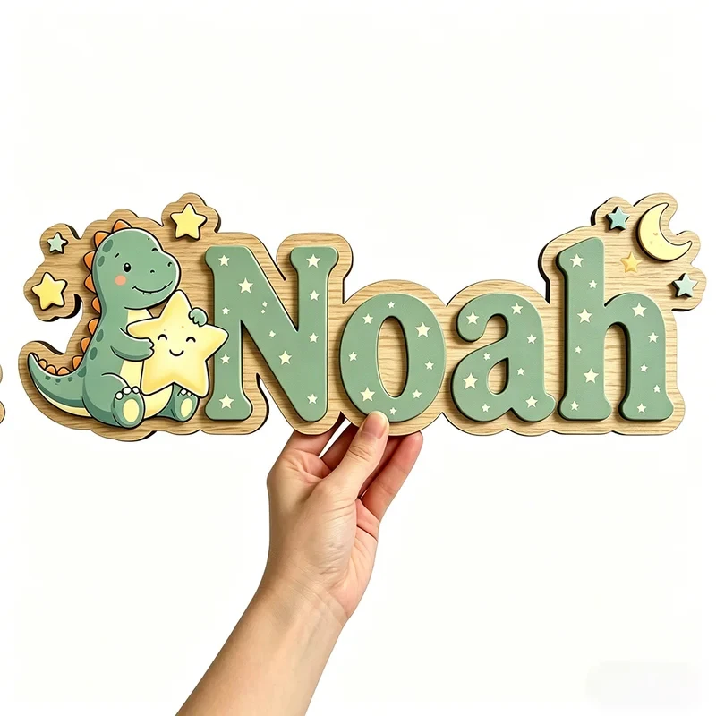 Personalized Night Sky Dinosaur Name Sign, Custom Wooden Kids Room Door Plaque, Cute Starry Dinosaur Wall Decor for Neutral Nurs