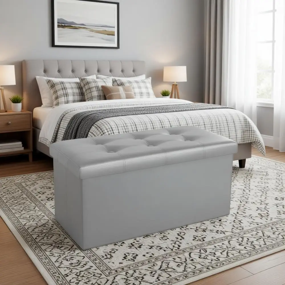Grey Storage Ottoman 30x15x15 inches, Collapsible Furniture with Lid for Bedroom or Living Room
