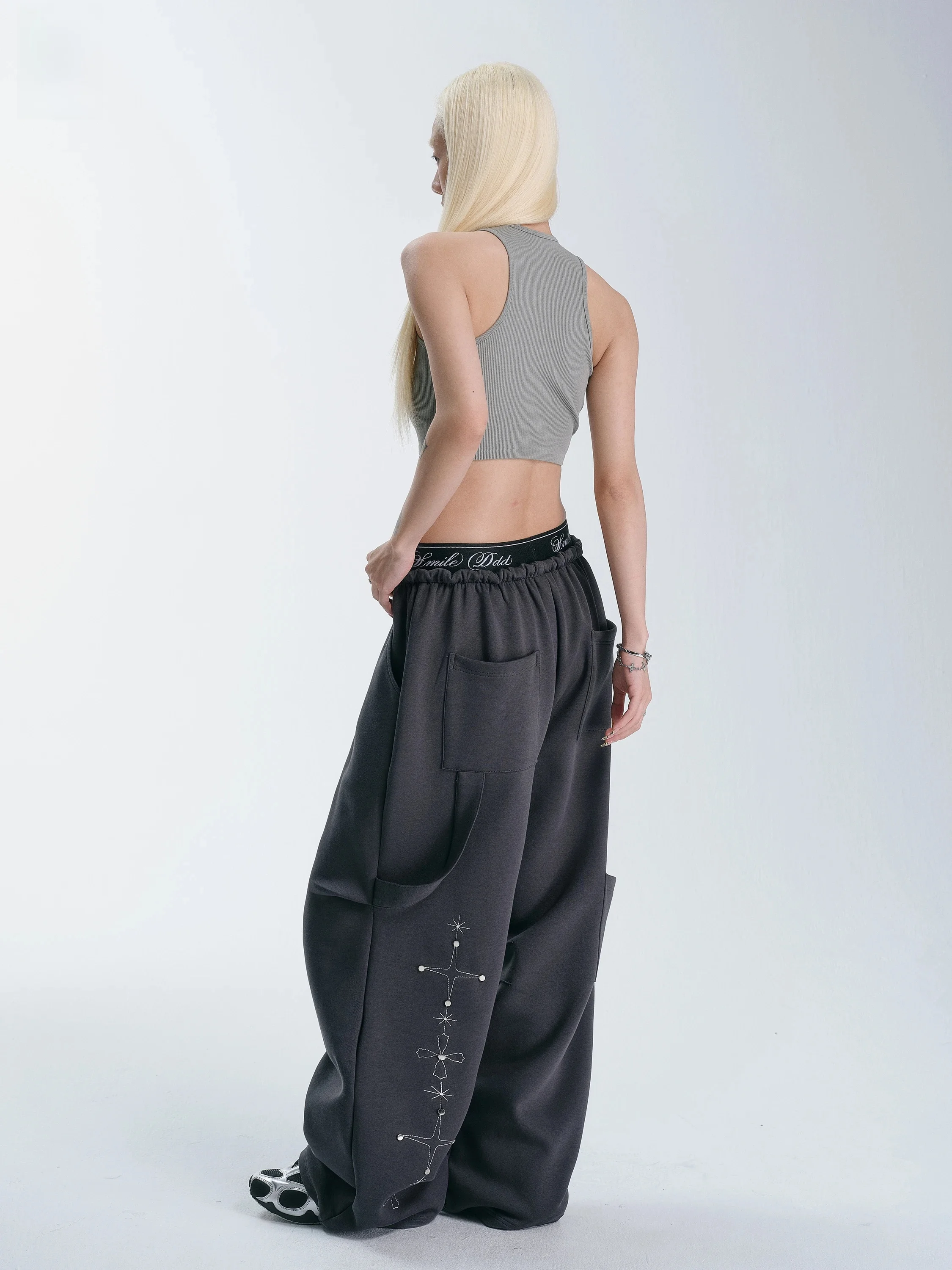 Smile Ddd Star Ray Embroidery High Waist Pants Women's Loose Drapey Sweatpants Heavyweight Comfortable Cotton Blend Trousers